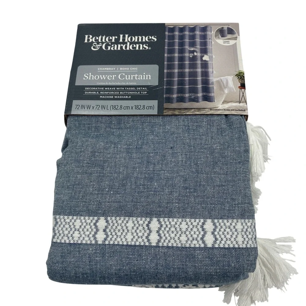 Better Homes & Gardens Chambray Boho Chic Shower Curtain Blue White 72x72 Cotton